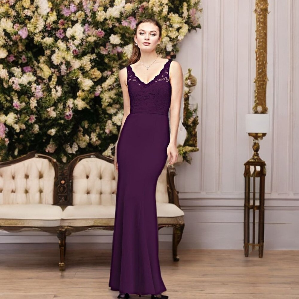 David's Bridal Bridesmaid Maxi Dress Sleeveless Lace Stretch-Crepe Party Gown